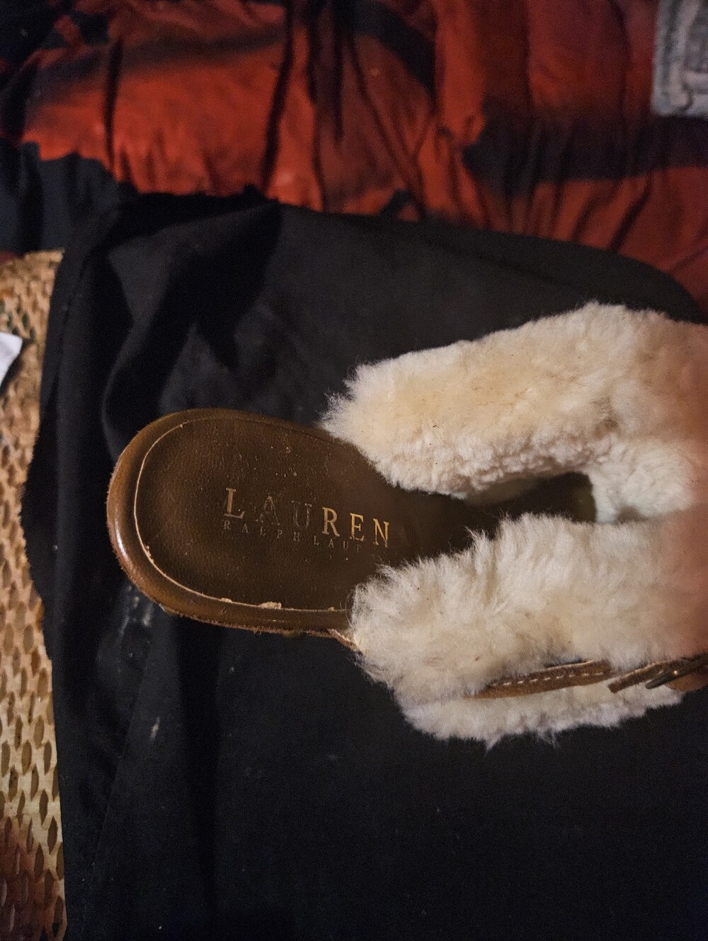 Lauren Ralph Lauren Brown Slide Mules with Cream Shearling